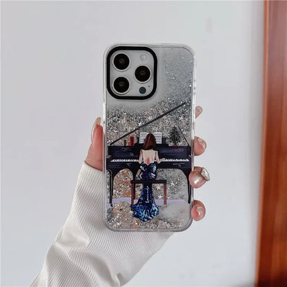 For iPhone 15 Pro Case Pattern Print Glitter Sequins Quicksand PC+TPU Phone Cover