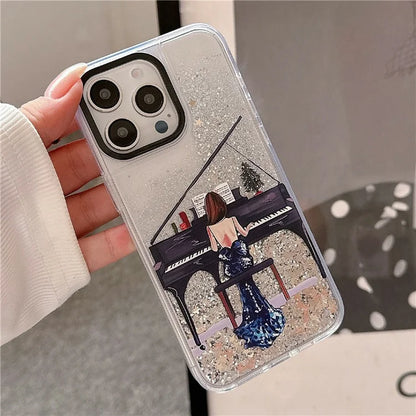 For iPhone 15 Pro Case Pattern Print Glitter Sequins Quicksand PC+TPU Phone Cover