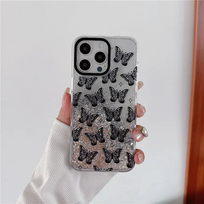 For iPhone 15 Pro Max Case Pattern Print Glitter Sequins Quicksand PC+TPU Phone Cover