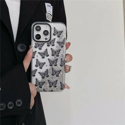 For iPhone 15 Pro Max Case Pattern Print Glitter Sequins Quicksand PC+TPU Phone Cover