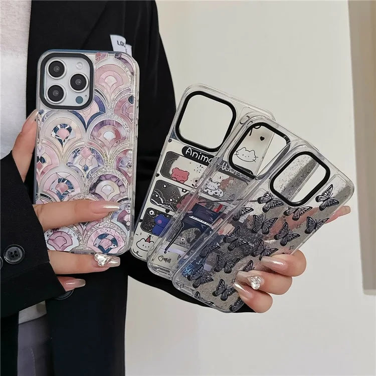 For iPhone 15 Pro Max Case Pattern Print Glitter Sequins Quicksand PC+TPU Phone Cover