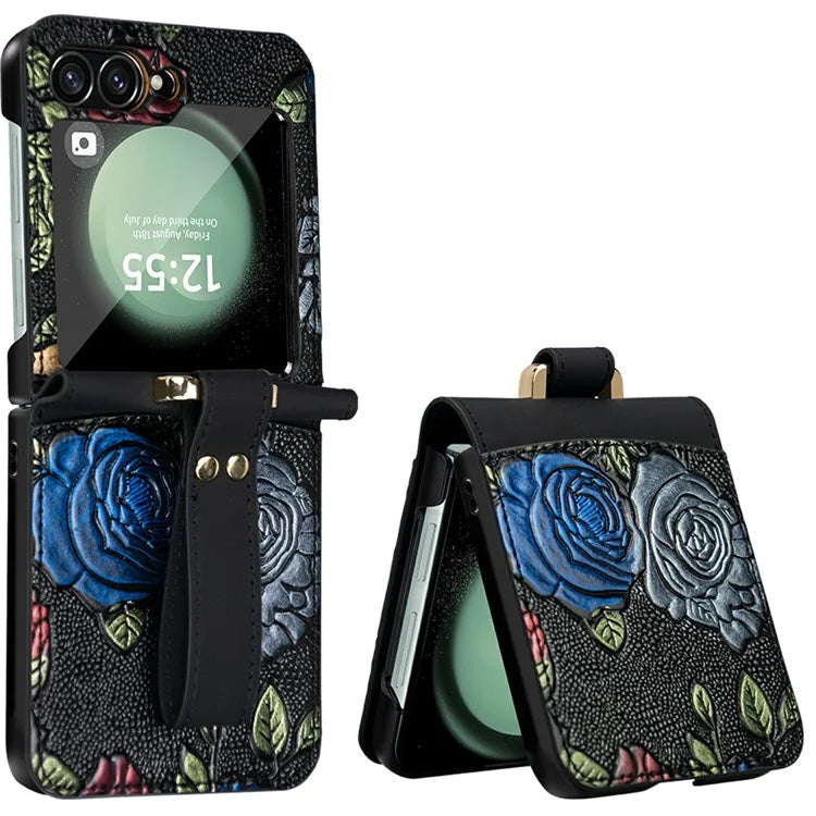 For Samsung Galaxy Z Flip6 5G Kickstand Case Flower Pattern Leather+PC Phone Cover with Back Film