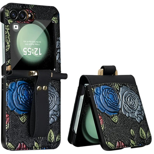 For Samsung Galaxy Z Flip6 5G Kickstand Case Flower Pattern Leather+PC Phone Cover with Back Film