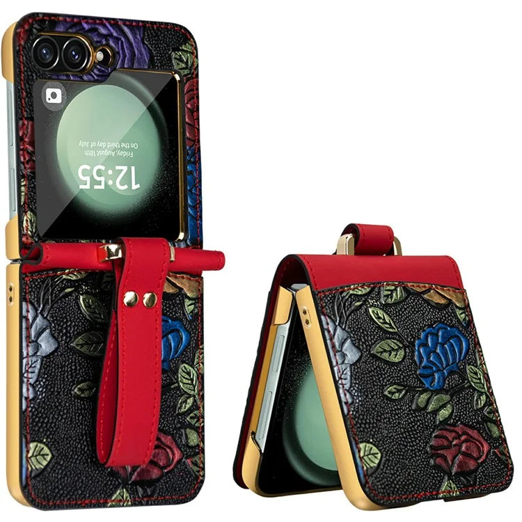 For Samsung Galaxy Z Flip6 5G Kickstand Case Flower Pattern Leather+PC Phone Cover with Back Film