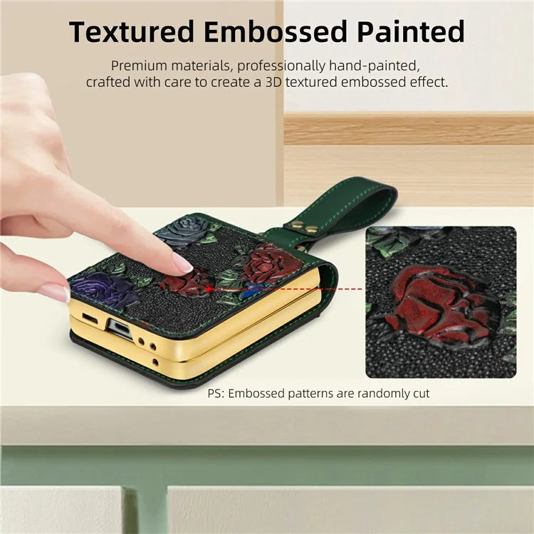 For Samsung Galaxy Z Flip6 5G Kickstand Case Flower Pattern Leather+PC Phone Cover with Back Film