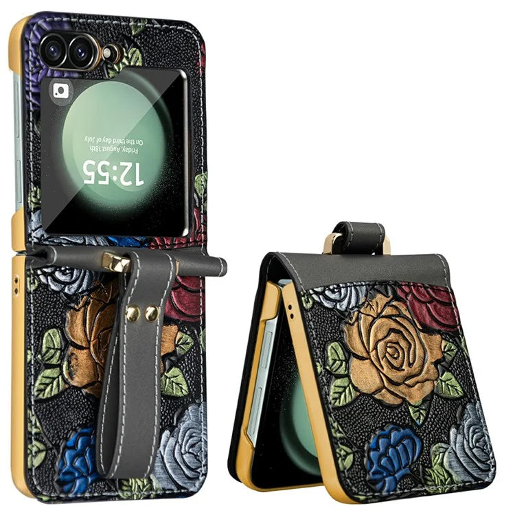 For Samsung Galaxy Z Flip6 5G Kickstand Case Flower Pattern Leather+PC Phone Cover with Back Film