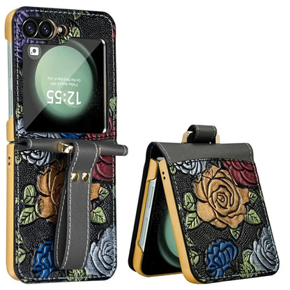 For Samsung Galaxy Z Flip6 5G Kickstand Case Flower Pattern Leather+PC Phone Cover with Back Film