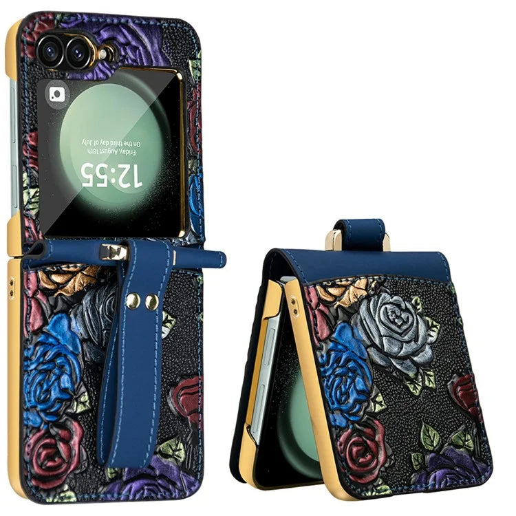 For Samsung Galaxy Z Flip6 5G Kickstand Case Flower Pattern Leather+PC Phone Cover with Back Film