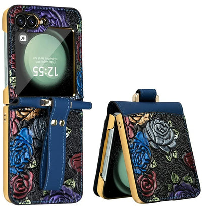 For Samsung Galaxy Z Flip6 5G Kickstand Case Flower Pattern Leather+PC Phone Cover with Back Film