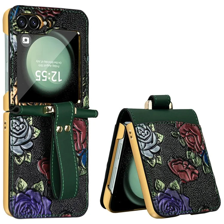 For Samsung Galaxy Z Flip6 5G Kickstand Case Flower Pattern Leather+PC Phone Cover with Back Film