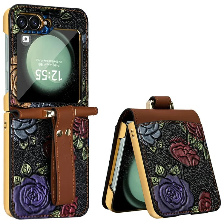 For Samsung Galaxy Z Flip6 5G Kickstand Case Flower Pattern Leather+PC Phone Cover with Back Film