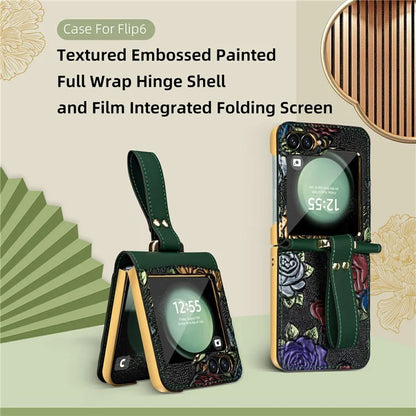 For Samsung Galaxy Z Flip6 5G Kickstand Case Flower Pattern Leather+PC Phone Cover with Back Film