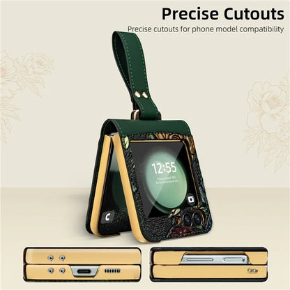For Samsung Galaxy Z Flip6 5G Kickstand Case Flower Pattern Leather+PC Phone Cover with Back Film
