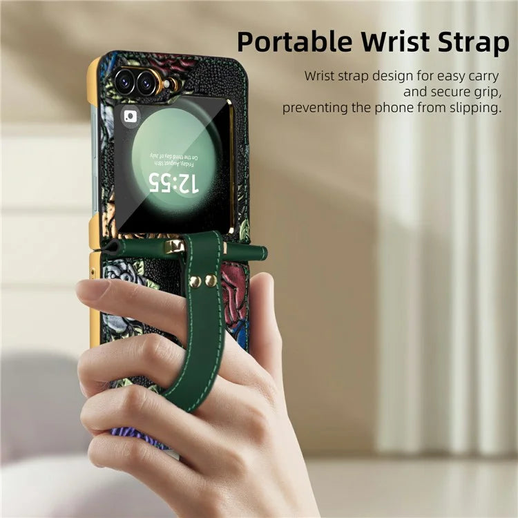 For Samsung Galaxy Z Flip6 5G Kickstand Case Flower Pattern Leather+PC Phone Cover with Back Film