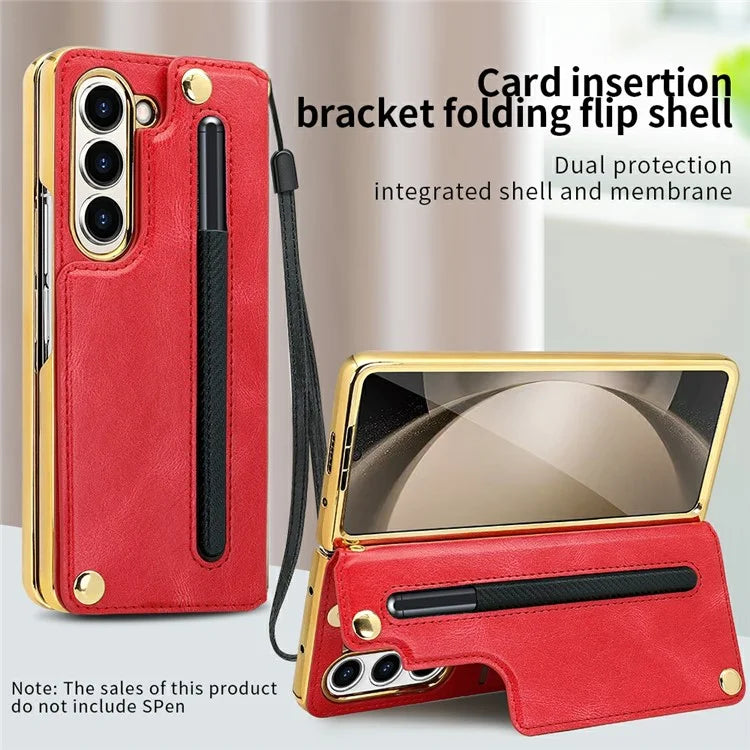 For Samsung Galaxy Z Fold6 5G Case RFID Blocking Card Slot PU+PC Kickstand Phone Cover with Stylus Holder