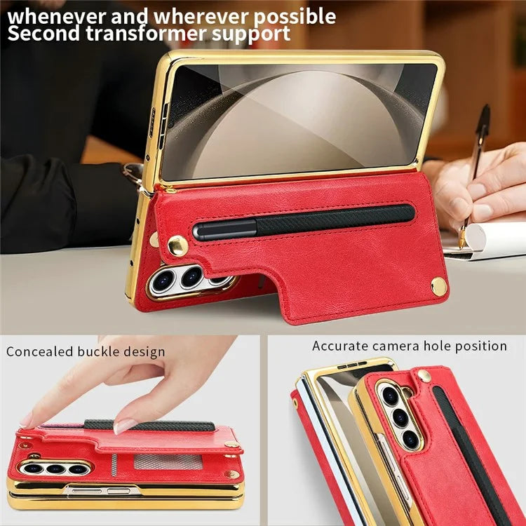 For Samsung Galaxy Z Fold6 5G Case RFID Blocking Card Slot PU+PC Kickstand Phone Cover with Stylus Holder