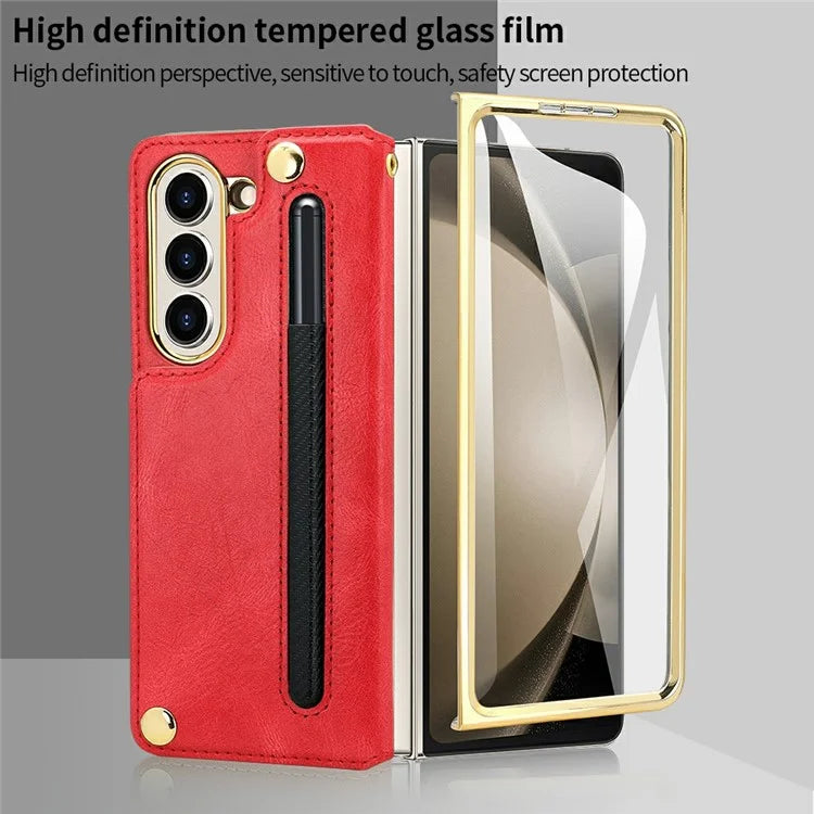 For Samsung Galaxy Z Fold6 5G Case RFID Blocking Card Slot PU+PC Kickstand Phone Cover with Stylus Holder
