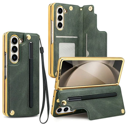For Samsung Galaxy Z Fold6 5G Case RFID Blocking Card Slot PU+PC Kickstand Phone Cover with Stylus Holder