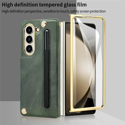 For Samsung Galaxy Z Fold6 5G Case RFID Blocking Card Slot PU+PC Kickstand Phone Cover with Stylus Holder