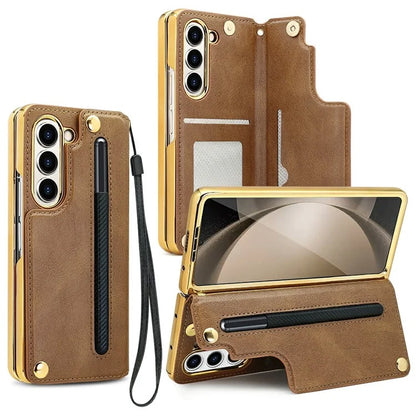 For Samsung Galaxy Z Fold6 5G Case RFID Blocking Card Slot PU+PC Kickstand Phone Cover with Stylus Holder