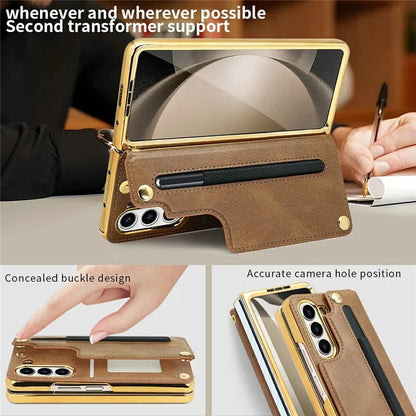 For Samsung Galaxy Z Fold6 5G Case RFID Blocking Card Slot PU+PC Kickstand Phone Cover with Stylus Holder