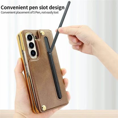 For Samsung Galaxy Z Fold6 5G Case RFID Blocking Card Slot PU+PC Kickstand Phone Cover with Stylus Holder