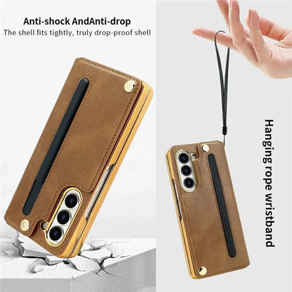For Samsung Galaxy Z Fold6 5G Case RFID Blocking Card Slot PU+PC Kickstand Phone Cover with Stylus Holder