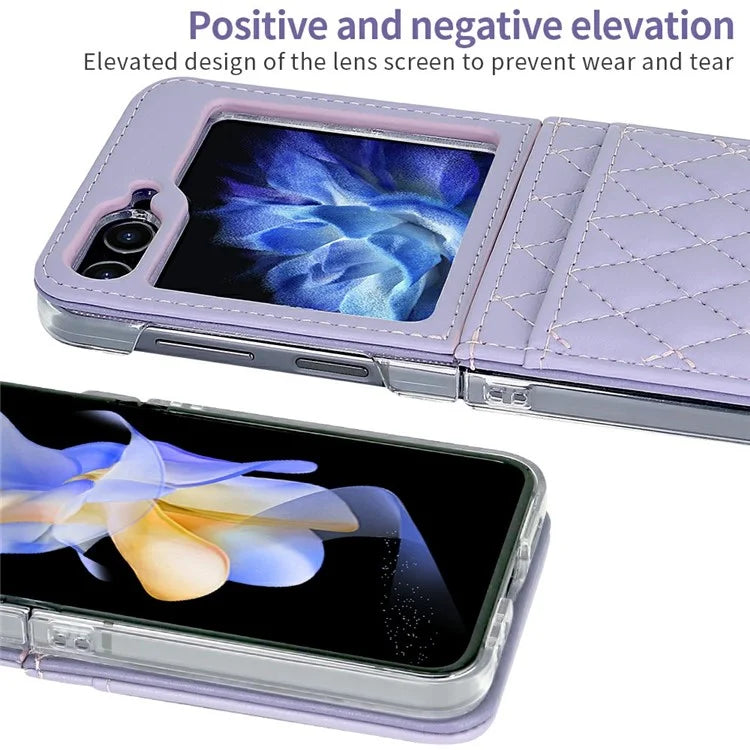 For Samsung Galaxy Z Flip6 5G Case with Strap Card Slot PU+PC Phone Cover Built-In Tempered Glass Back Film