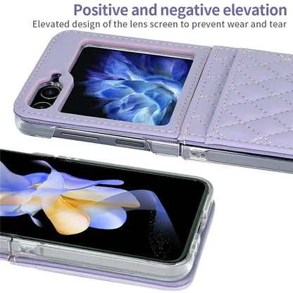 For Samsung Galaxy Z Flip6 5G Case with Strap Card Slot PU+PC Phone Cover Built-In Tempered Glass Back Film