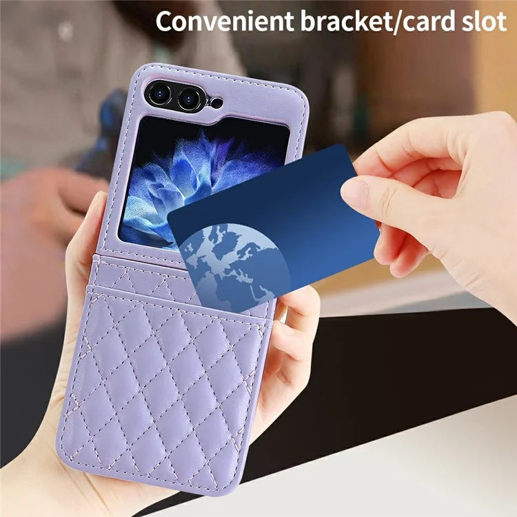 For Samsung Galaxy Z Flip6 5G Case with Strap Card Slot PU+PC Phone Cover Built-In Tempered Glass Back Film