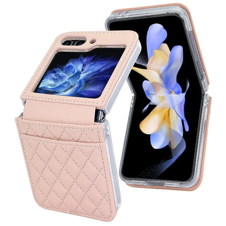 For Samsung Galaxy Z Flip6 5G Case with Strap Card Slot PU+PC Phone Cover Built-In Tempered Glass Back Film