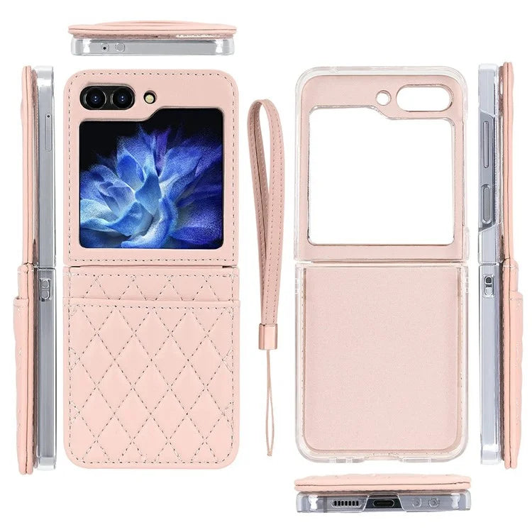 For Samsung Galaxy Z Flip6 5G Case with Strap Card Slot PU+PC Phone Cover Built-In Tempered Glass Back Film