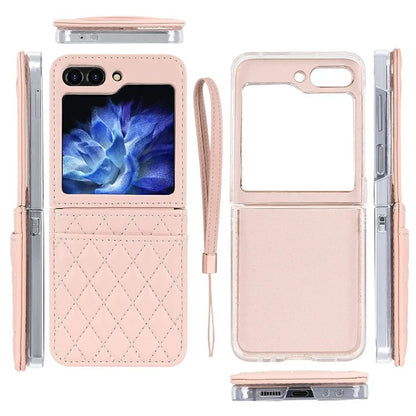 For Samsung Galaxy Z Flip6 5G Case with Strap Card Slot PU+PC Phone Cover Built-In Tempered Glass Back Film