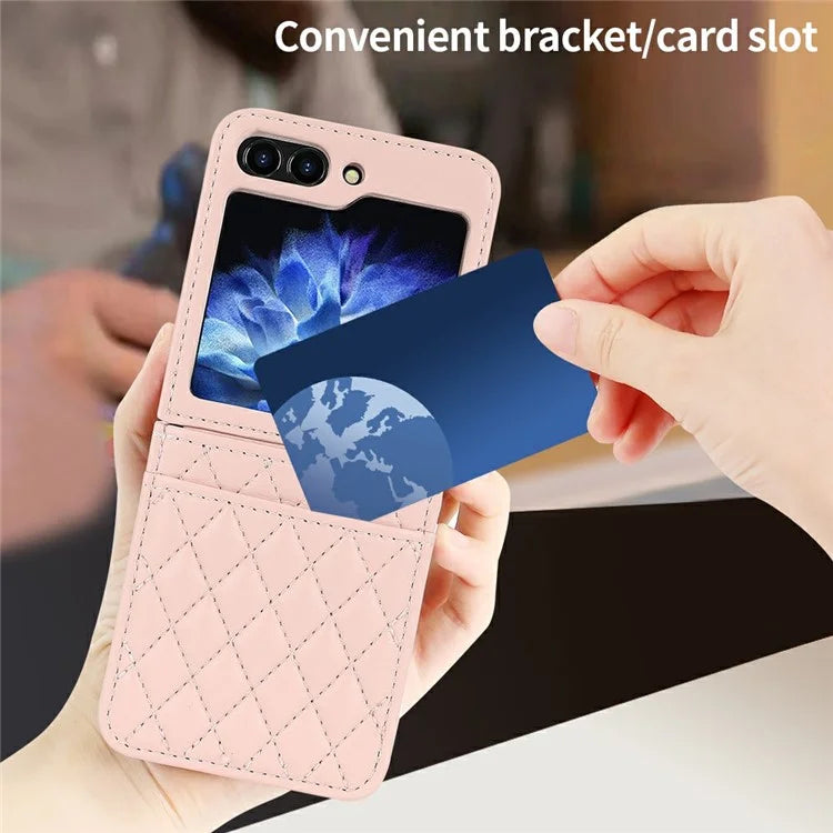 For Samsung Galaxy Z Flip6 5G Case with Strap Card Slot PU+PC Phone Cover Built-In Tempered Glass Back Film