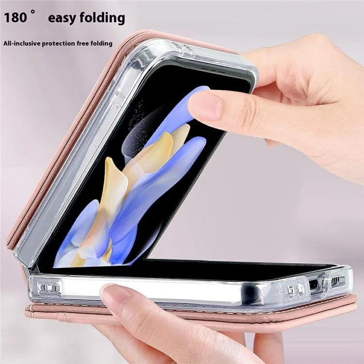 For Samsung Galaxy Z Flip6 5G Case with Strap Card Slot PU+PC Phone Cover Built-In Tempered Glass Back Film