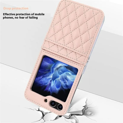 For Samsung Galaxy Z Flip6 5G Case with Strap Card Slot PU+PC Phone Cover Built-In Tempered Glass Back Film
