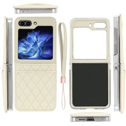 For Samsung Galaxy Z Flip6 5G Case with Strap Card Slot PU+PC Phone Cover Built-In Tempered Glass Back Film