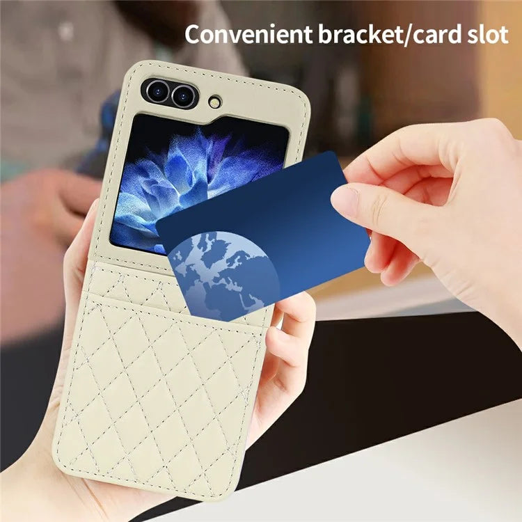 For Samsung Galaxy Z Flip6 5G Case with Strap Card Slot PU+PC Phone Cover Built-In Tempered Glass Back Film