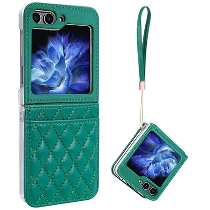 For Samsung Galaxy Z Flip6 5G Case with Strap Card Slot PU+PC Phone Cover Built-In Tempered Glass Back Film