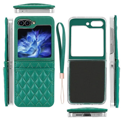 For Samsung Galaxy Z Flip6 5G Case with Strap Card Slot PU+PC Phone Cover Built-In Tempered Glass Back Film