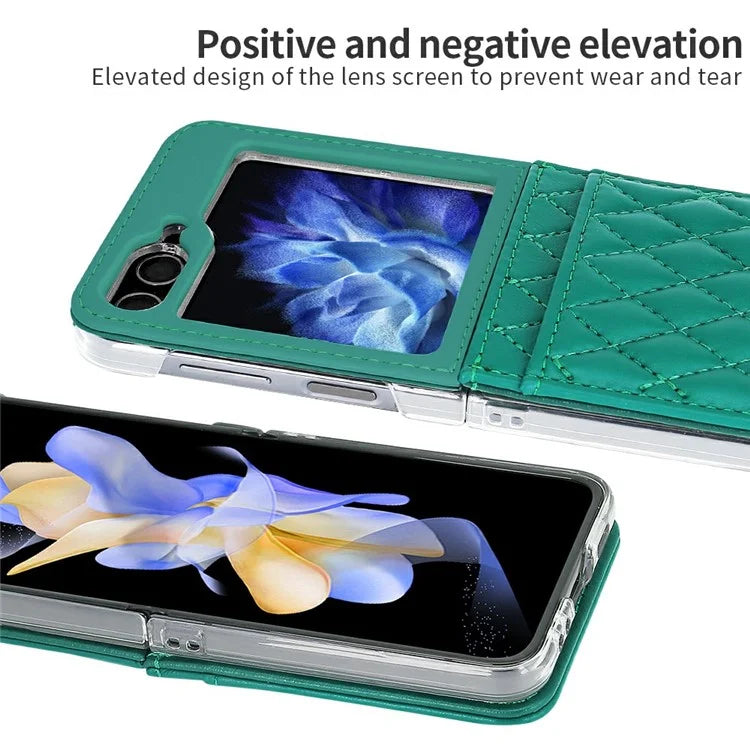 For Samsung Galaxy Z Flip6 5G Case with Strap Card Slot PU+PC Phone Cover Built-In Tempered Glass Back Film