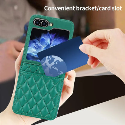 For Samsung Galaxy Z Flip6 5G Case with Strap Card Slot PU+PC Phone Cover Built-In Tempered Glass Back Film