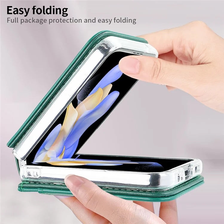 For Samsung Galaxy Z Flip6 5G Case with Strap Card Slot PU+PC Phone Cover Built-In Tempered Glass Back Film
