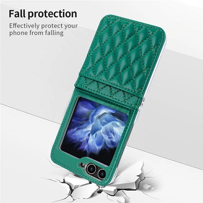 For Samsung Galaxy Z Flip6 5G Case with Strap Card Slot PU+PC Phone Cover Built-In Tempered Glass Back Film
