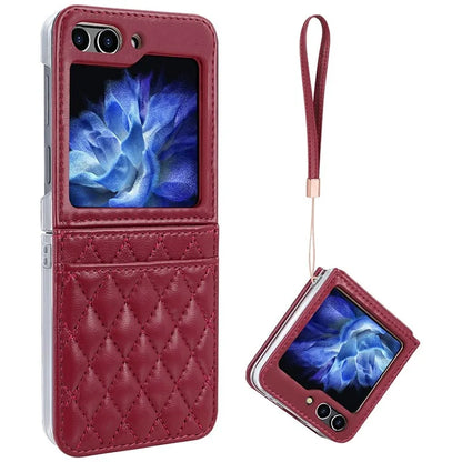 For Samsung Galaxy Z Flip6 5G Case with Strap Card Slot PU+PC Phone Cover Built-In Tempered Glass Back Film