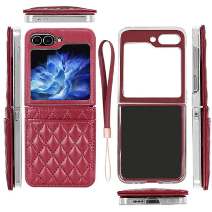 For Samsung Galaxy Z Flip6 5G Case with Strap Card Slot PU+PC Phone Cover Built-In Tempered Glass Back Film