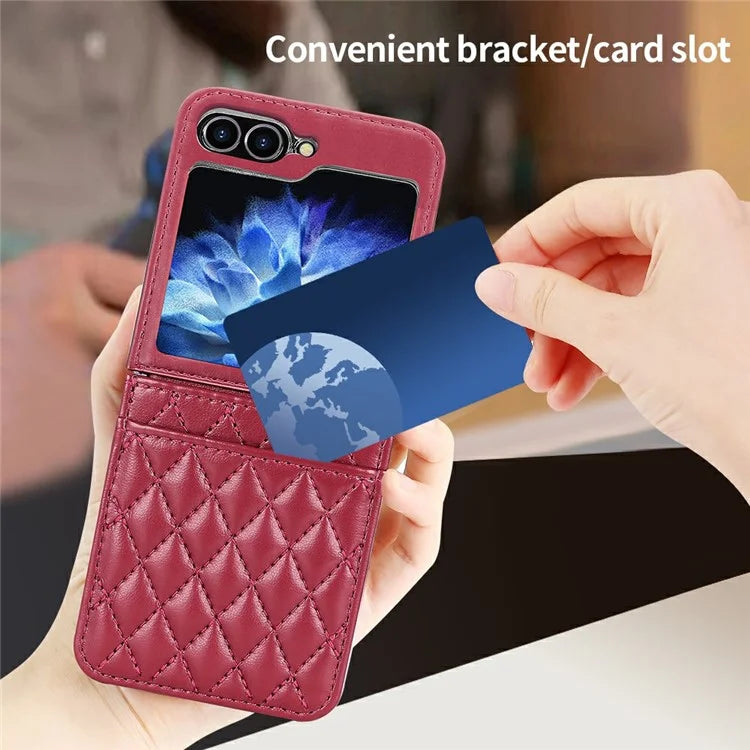 For Samsung Galaxy Z Flip6 5G Case with Strap Card Slot PU+PC Phone Cover Built-In Tempered Glass Back Film