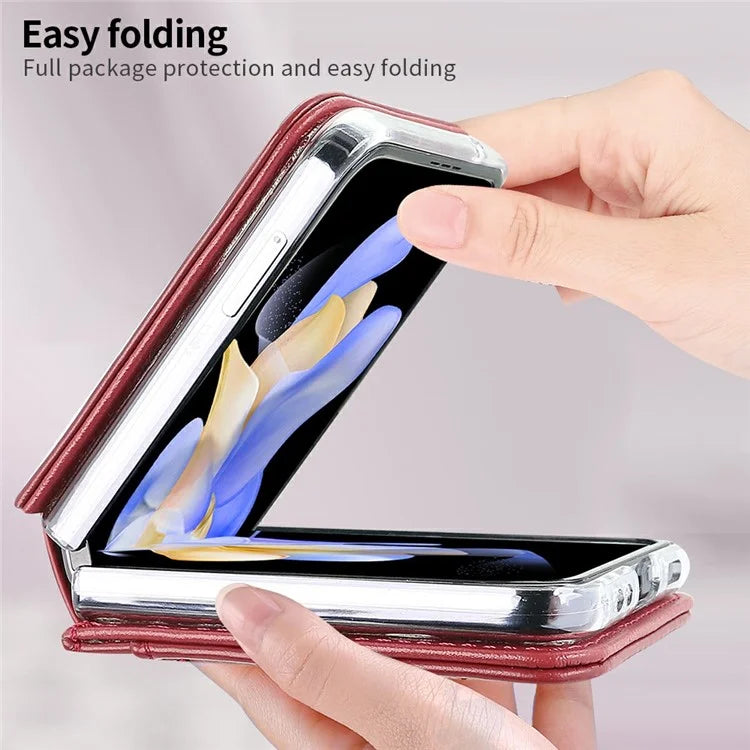 For Samsung Galaxy Z Flip6 5G Case with Strap Card Slot PU+PC Phone Cover Built-In Tempered Glass Back Film