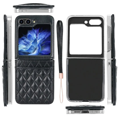 For Samsung Galaxy Z Flip6 5G Case with Strap Card Slot PU+PC Phone Cover Built-In Tempered Glass Back Film