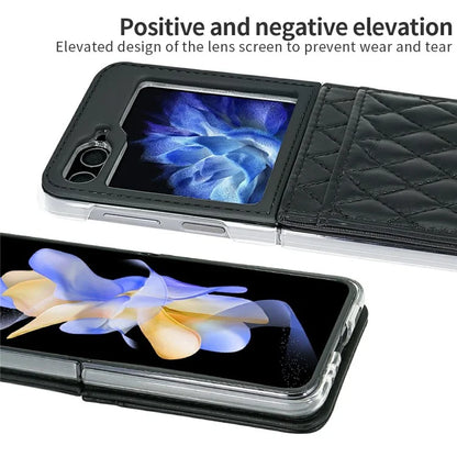 For Samsung Galaxy Z Flip6 5G Case with Strap Card Slot PU+PC Phone Cover Built-In Tempered Glass Back Film